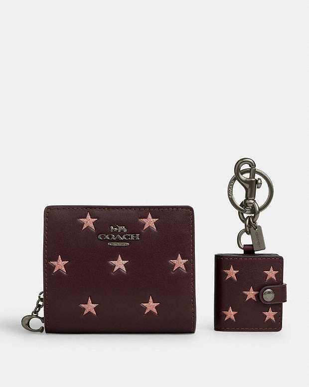 Boxed Snap Wallet And Picture Frame Bag Charm With Star Print